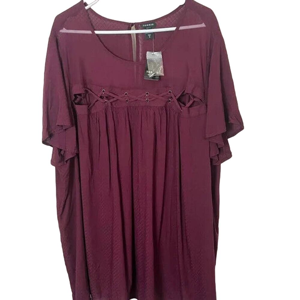 Torrid lace up trim mesh insert blouse in burgundy, size 4